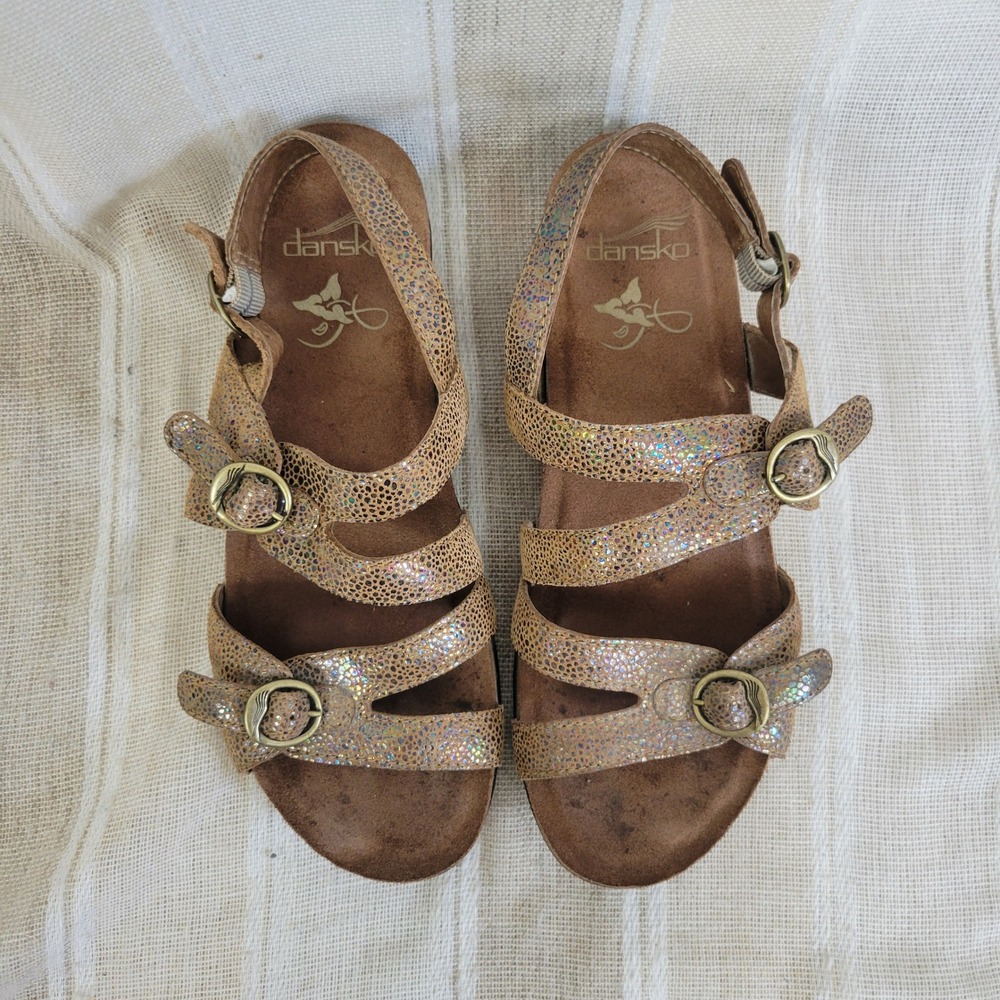 Dansko Jameson Strappy Leather Sandals Tan Metallic Shimmer Size 38 US 8 - Picture 2 of 9